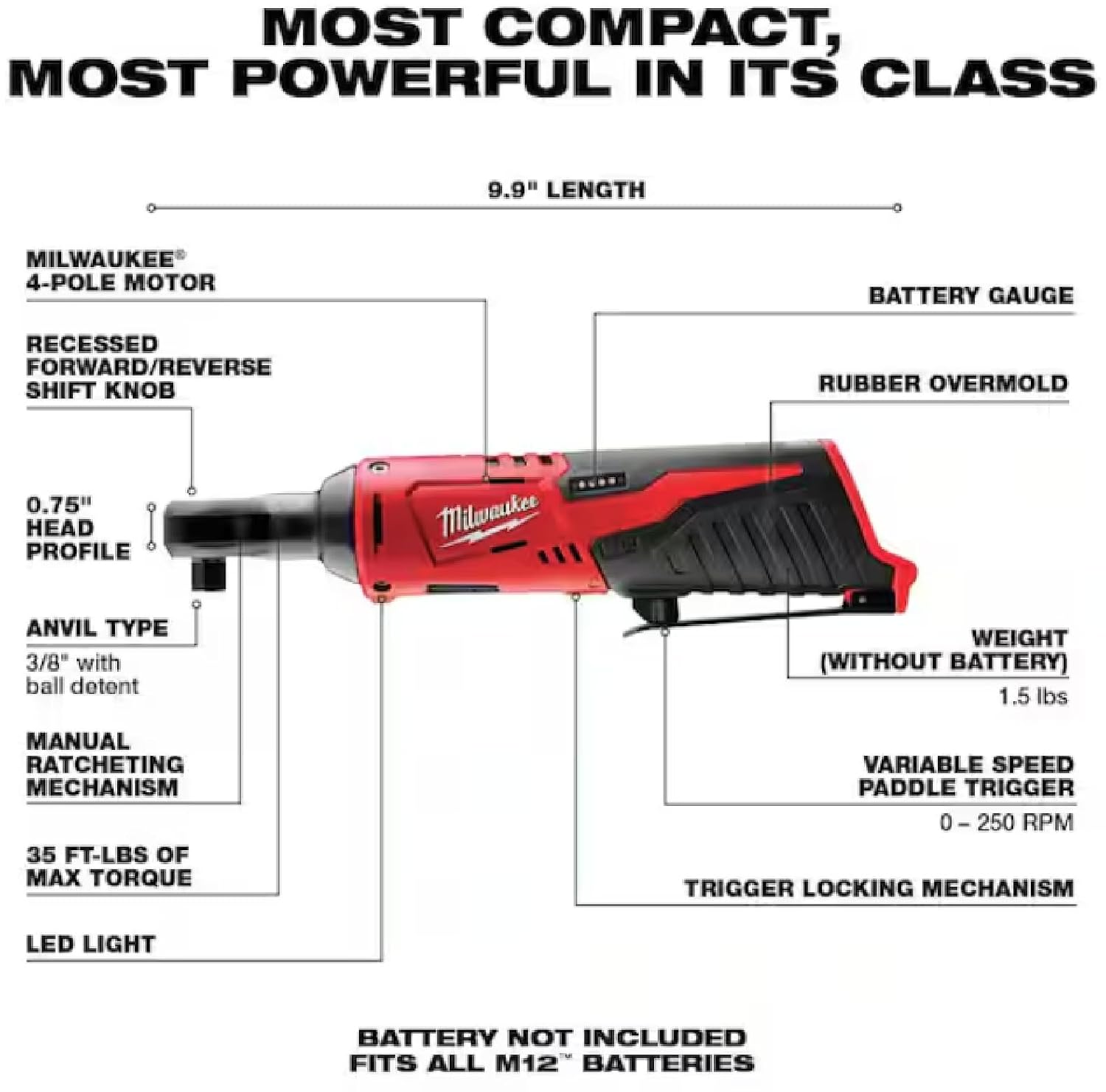 12V Cordless Ratchet 3/8 Inch — Sub-Compact, 35 ft-lb, Variable Speed
