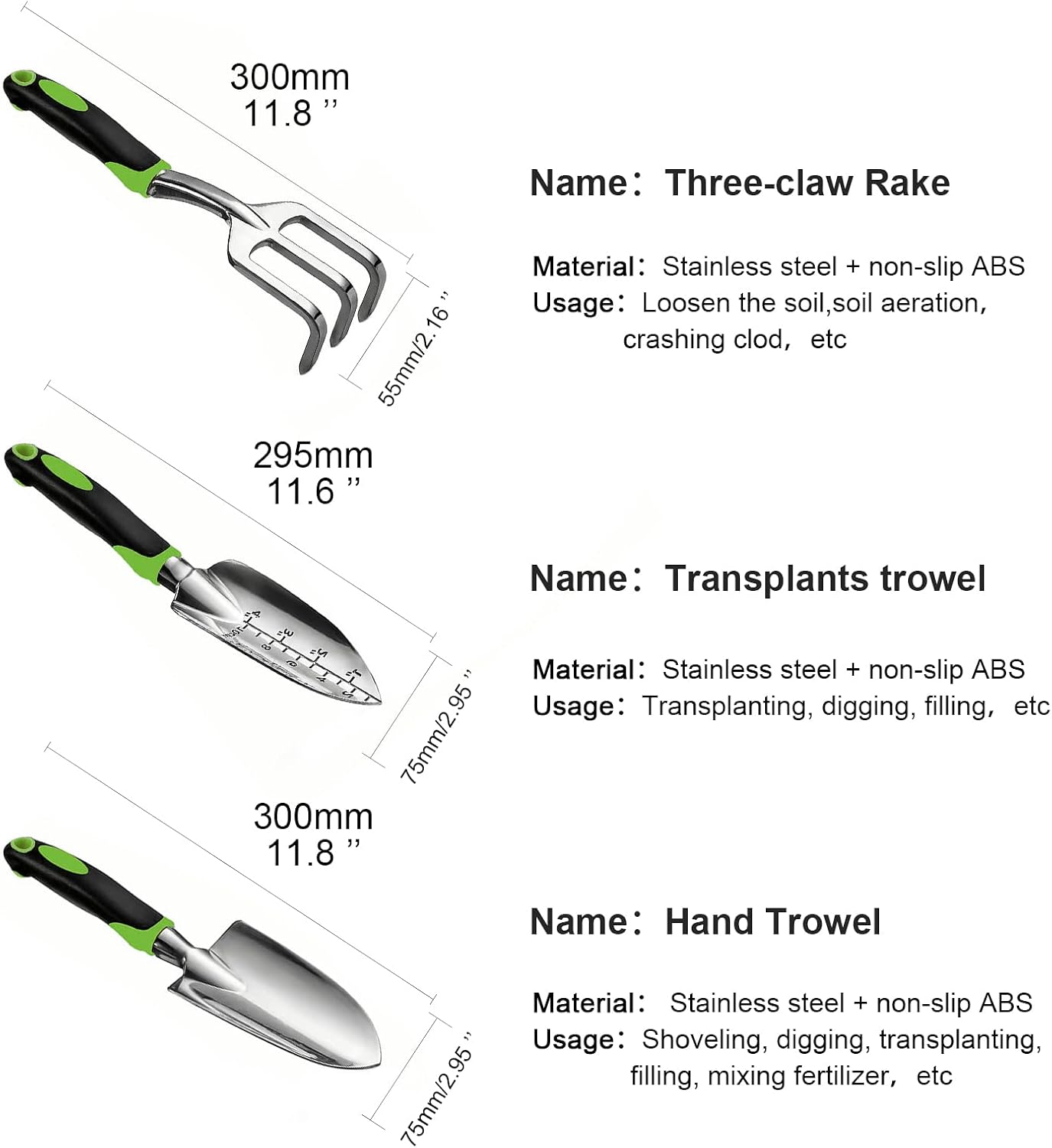 Garden Hand Tool Set — 3 Pieces, Non-Slip Ergonomic Handles