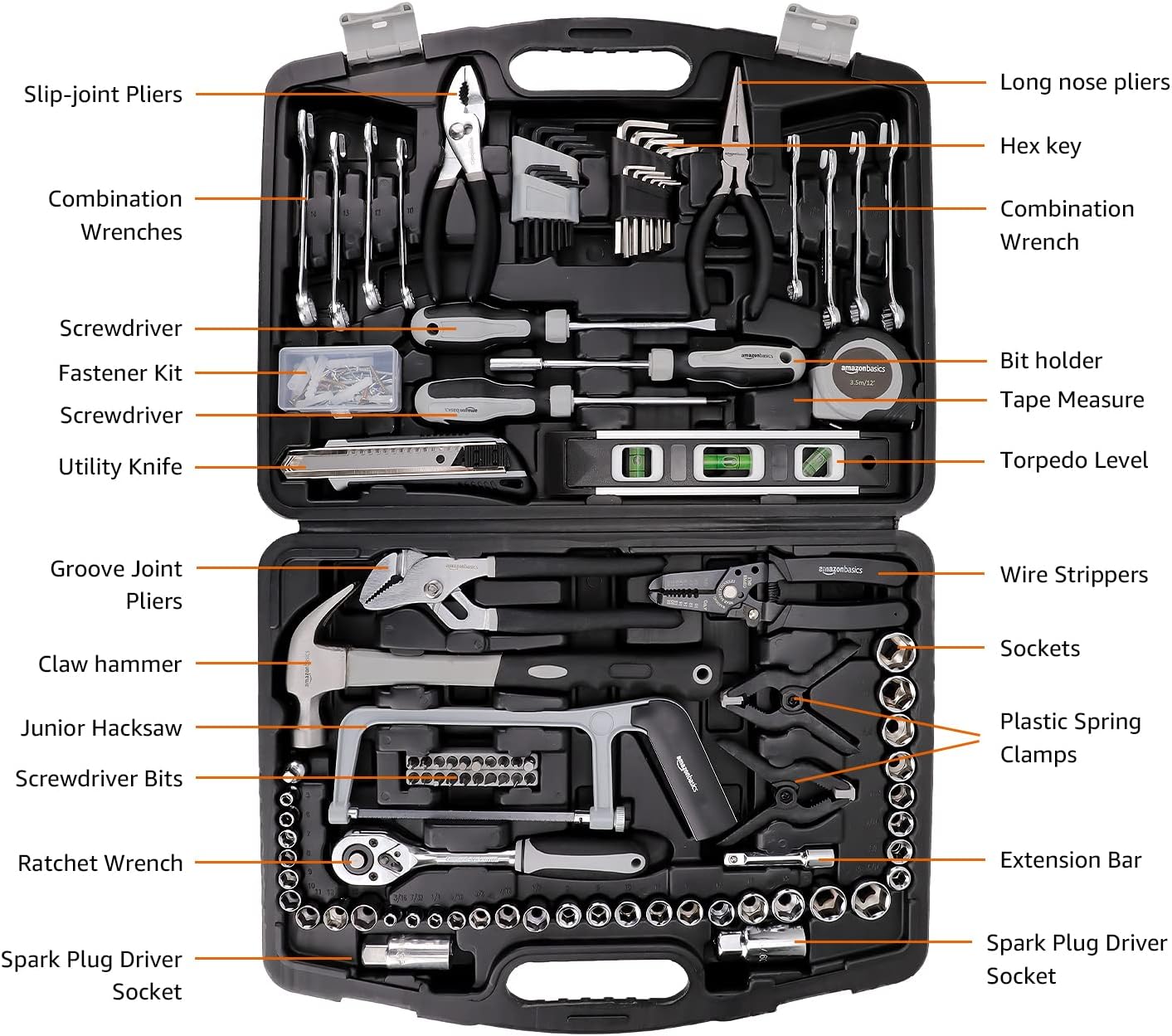 General Household Hand Tool Set — 173 Pieces with Storage Case