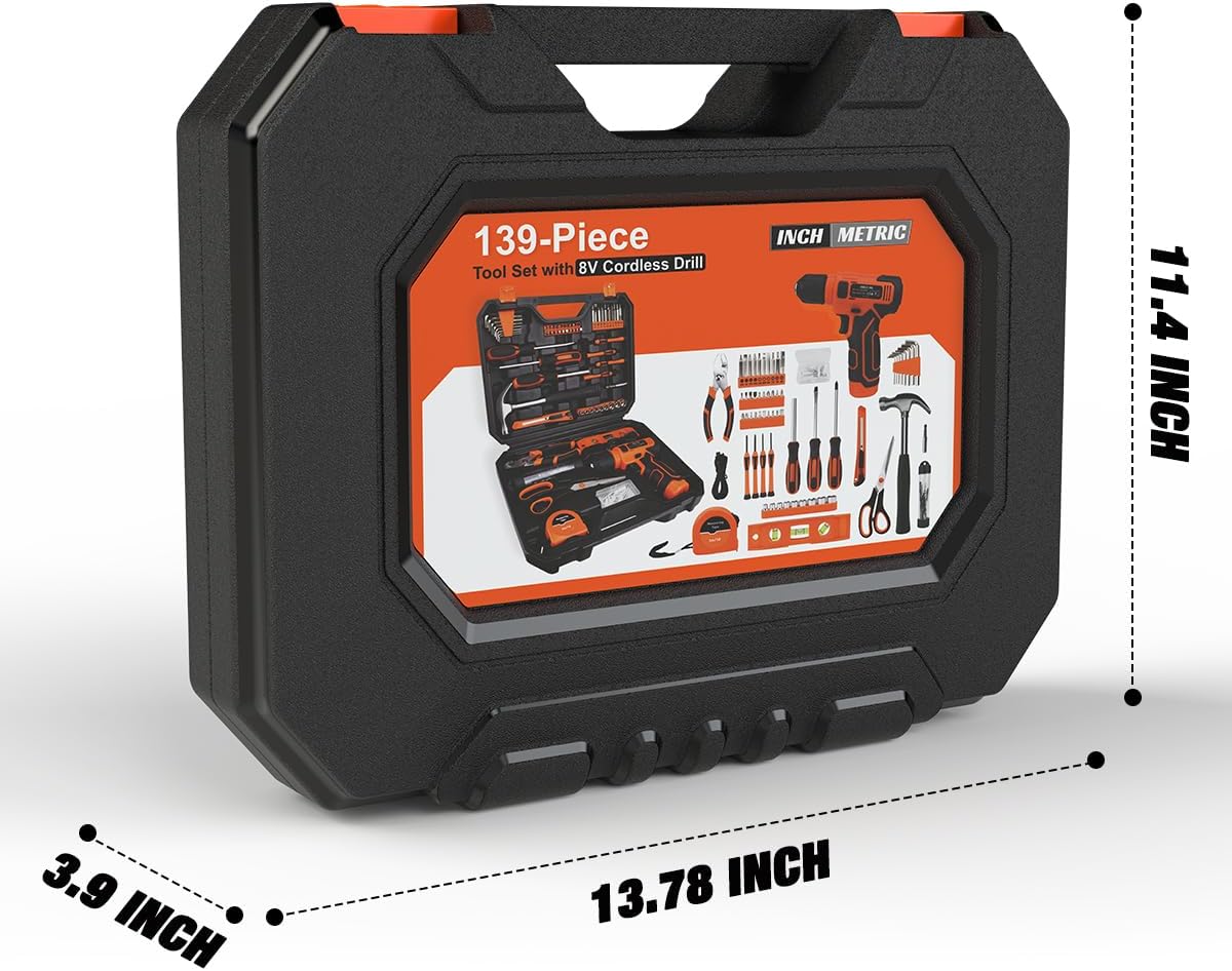 Household Tool Kit — 139 Pieces with 8V Cordless Drill Driver