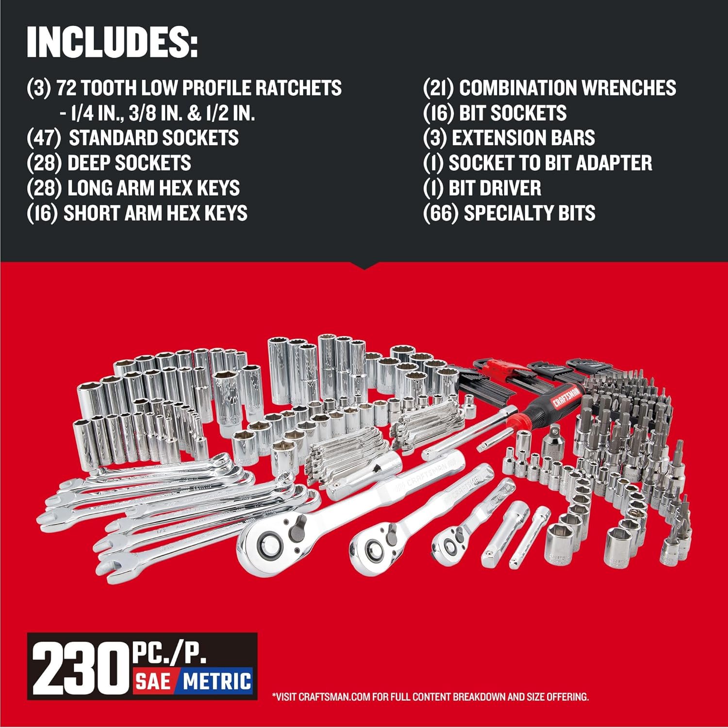 Mechanics Tool Set — 230 Pieces with Stackable Toolbox, SAE and Metric